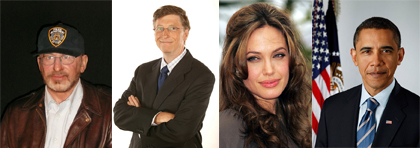 Steven Spielberg, Bill Gates, Angelina Jolie, Barack Obama. / Pictures from Flickr (Simonmreynolds, Choice Isy, Elvis TR, Ethan Block; CC).