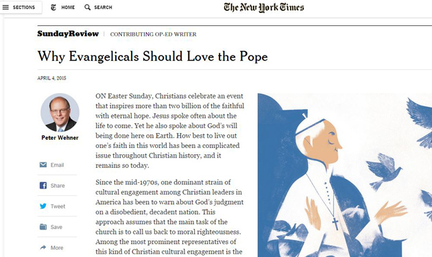 Peter Wehner's article on the New York Times website. / NYT,pope, NYT, Wehner, Chirico
