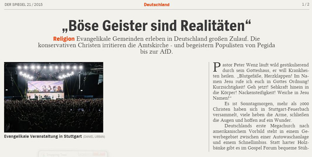 Online version of the Der Spiegel article about evangelicalism in Germany. / Der Spiegel,Spiegel, evangelischen