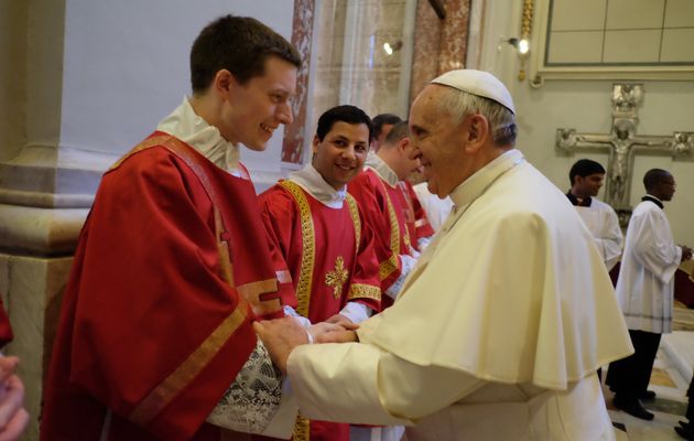 Pope Francis greeting seminarists.,Francis, Catholicism