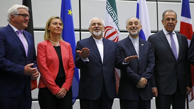 European Union foreign policy chief Federica Mogherini and Iran’s foreign minister Mohammad Javad Zarif address reporters in Vienna,