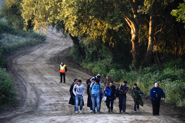 Hungarian police officers escorts migrants after they were stopped in the holm of the Tisza river near Szeged, 170 kms southeast of Budapest, Hungary. / AP,fence, hungary, migration