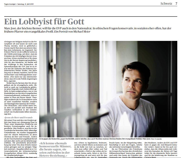 Excerpt of the print edition of Tagesanzeiger's article about evangelical politician Marc Jost.,marc jost, tagesanzeiger