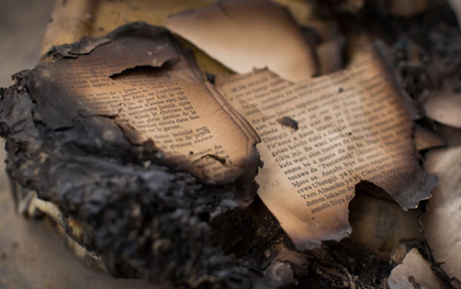 Pages of a Bible, in a church building that was attacked. / Samaritan's Purse