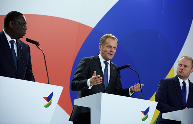 President of the European Council Donald Tusk speaks at the press conference with Prime Minister of Malta Joseph Muscat (L) and President of Senegal Macky Sall (R), on November 12,,tusk, valletta, summit, refugees, analysis