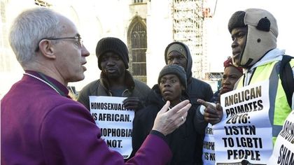 Protesters with Justin Welby at Canterbury Cathedral