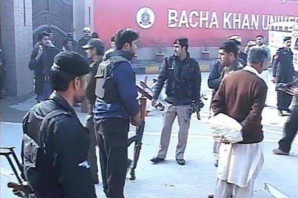 Security personnel outside Bacha Khan University. / U. Awan,Bacha Khan University, attack, pakistan