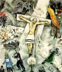 In “The White Crucifixion” (1938), the Jews are fleeing the Nazis, as Jesus hangs over them on the cross.