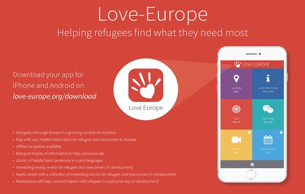 “Love-Europe”, an app for refugees, which helps them to communicate better and feel welcome in their new surroundings / love-europe.org,