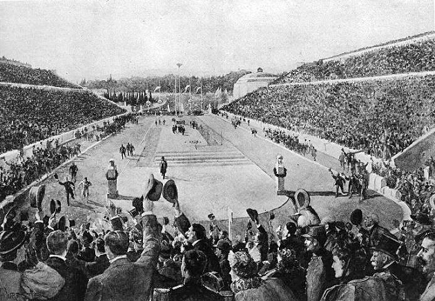 Louis entering Kallimarmaron at the 1896 Athens Olympics. / Wikimedia,