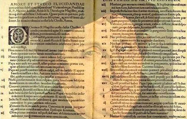 One of the original texts, with the image of Martin Luther.,