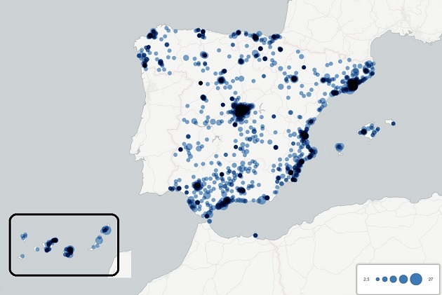 Cities in Spain in which there are at least two Evangelical worship places. / Observatorio Pluralismo Religios de España,spain, evangelicals