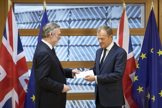 Tim Barrow, Permanent Representative of the United Kingdom to the EU; hands over Article 50 letter to Donald Tusk, President of the European Council. / European Union,