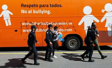 The bus has changed its motto. Now it reads: Respect for all, stop bullying. / HO