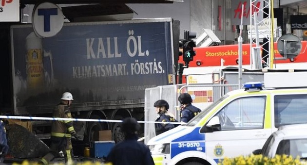The lorry, after the incident in Stockholm. / BBC,