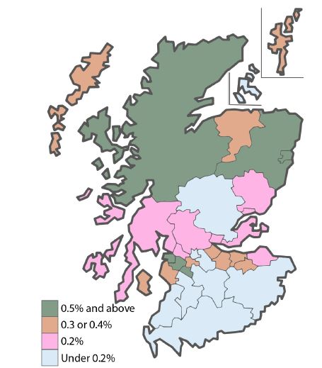 Percentage of Scottish Population attending Pentecostal Churches in 2016. / UK Church Statistics - Brierley Consultancy