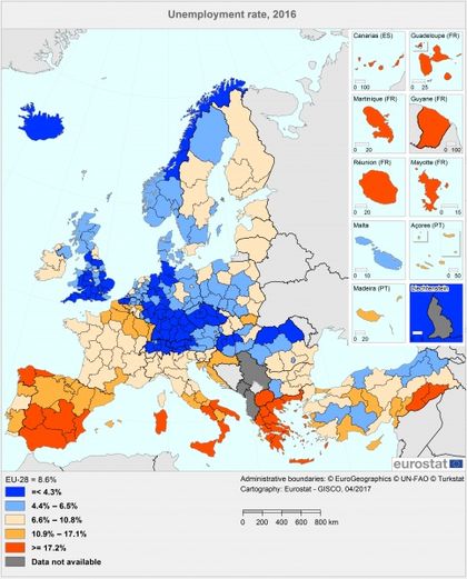 Unemployment rate in Europe, 2016. / Eurostat.