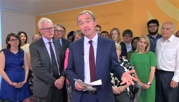 Tim Farron anouncing his resignation as the leader of the Liberal Democrat Party, on Wendesday, 14th June. / Video caption, BBC,