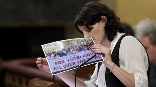Spokeswoman of Unidos Podemos María Mar García defends the LGBT Bill in the Spanish Parliament. / Agencies,