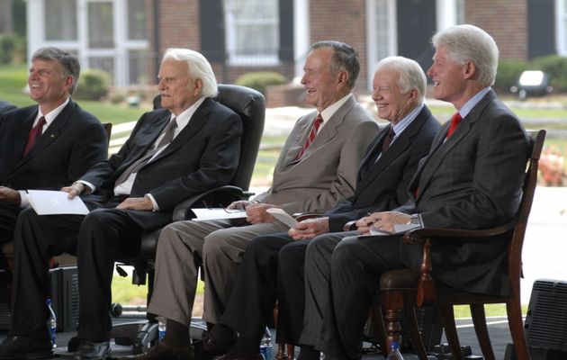 Billy Graham, Presidents George H.W. Bush, Jimmy Carter and Bill Clinton at the dedication of the Billy Graham Library in Charlotte, North Carolina, in 2007. / BGEA,