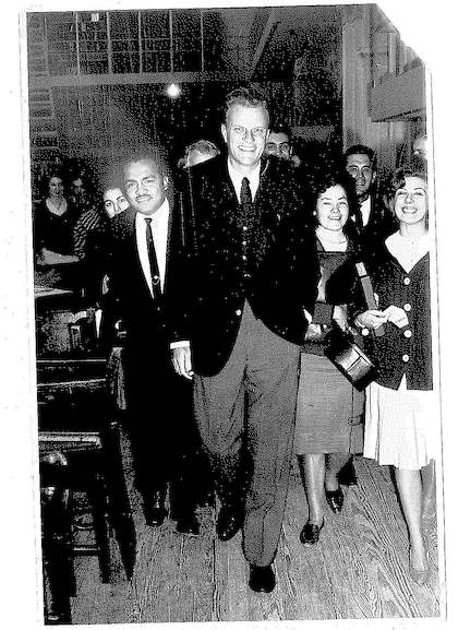 Samuel Escobar (left) and Billy Graham (centre) at the University of Cordoba (Argentina) in 1962.,