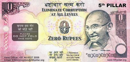 The Zero Rupees banknote, part of a major anti-corruption campaign in India.