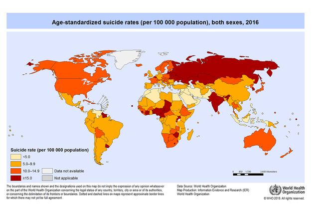 Suicide rates by age. / WHO.,