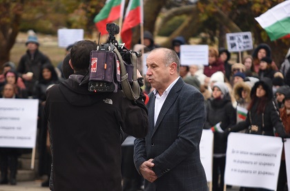 Bulgarian Evangelical Alliance President pastor Rumen Bordjiev is interviewed by Bulgarian National Television as a November 18 rally speaks up for religious liberties. / Vlady Raichinov