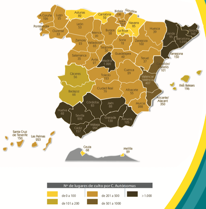 Worship places of faith minorities in Spain, by region. / Fundación Pluralismo y Convivencia