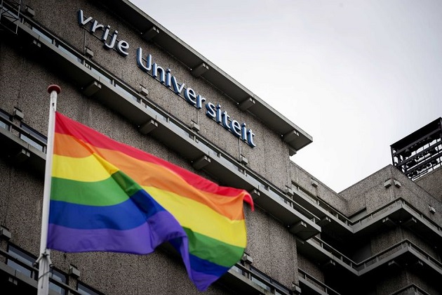 A rainbow flag in front of a uniersity building in Amsterdam, Netherlands. / ANP,