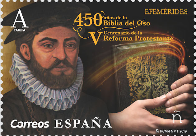 The stamp issued by the Spanish Philatelic Commission honours the Protestant Reformation and Bible translator Casiodoro de Reina. / Correos,