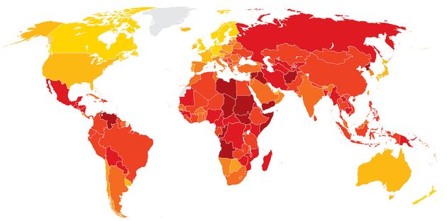 Corruption Perceptions Index map of 2019. / Transparency International.,