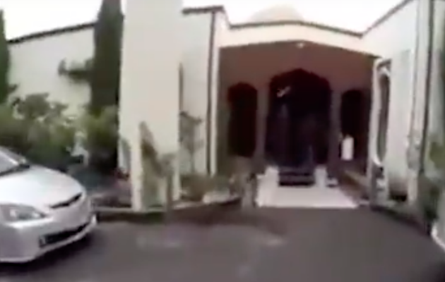 Imahe of the entrance of the Al Noor Mosque, taken from the video of the attack filmed y the suspect.,