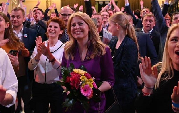 Zuzana Caputova, centre, celebrates her victory in Bratislava, 31 March 2019. / Facebook Zuzana Caputova,
