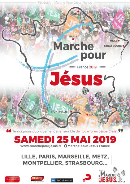 The marches took place in  Lille, Marseille, Metz, Montpellier, Paris and Strasbourg. / Marche pour Jesus.