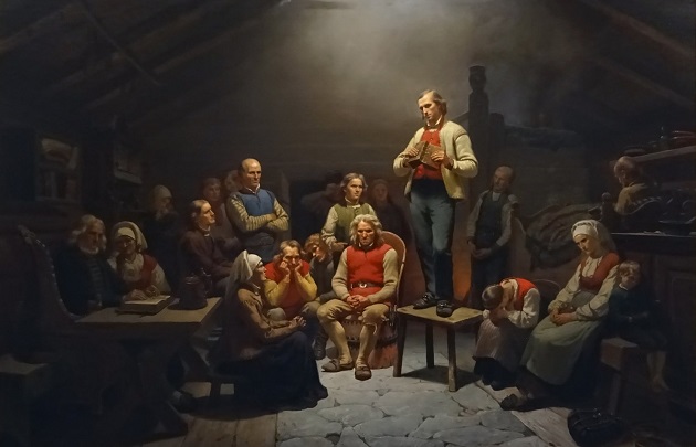 This painting by Adolph Tidemand of a Christian gathering with Hans Nielsen Hauge, named “Haugianere” (English: “Haugeans”), is one of the most famous paintings in Norway. / Via Religion Unplugged,