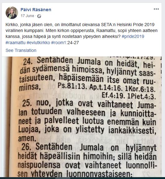 The message quoting the Bible posted on 17 June on Facebook by Päivi Räsänen. / Facebook