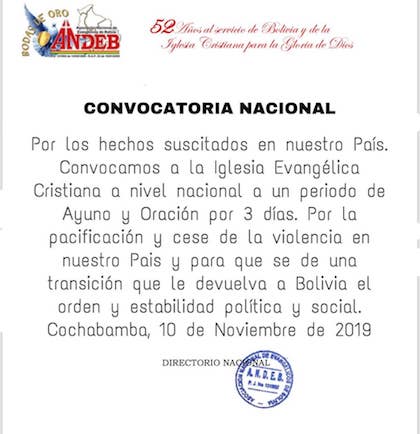 the National Association of Evangelicals of Bolivia called to a  three days period of fasting and prayer.