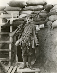One of the most famous images of Charlie Chaplin shows him in a trench, dressed like a soldier.