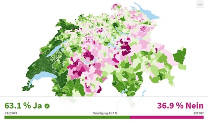 Votes by municipalities in the Februrary 2020 referendum on inclusion of sexual orientantion in Article 216bis of the Swiss Penal Code. / Graph: Tagesanzeiger