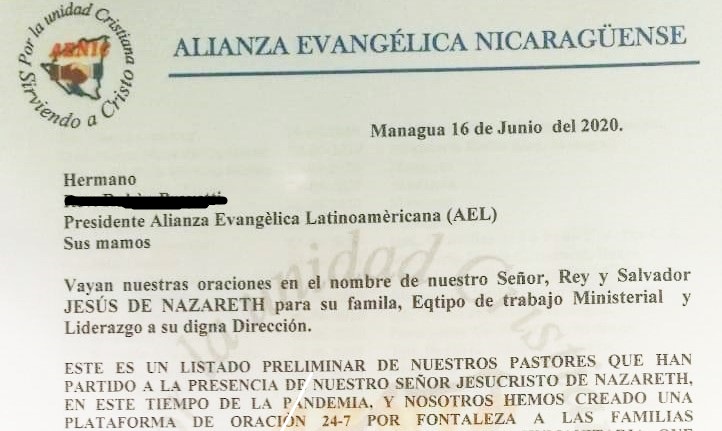 Detail of the letter of the Evangelical Alliance of Nicaragua reporting the deaths of 44 evangelical pastores between May and June 2020. / ED