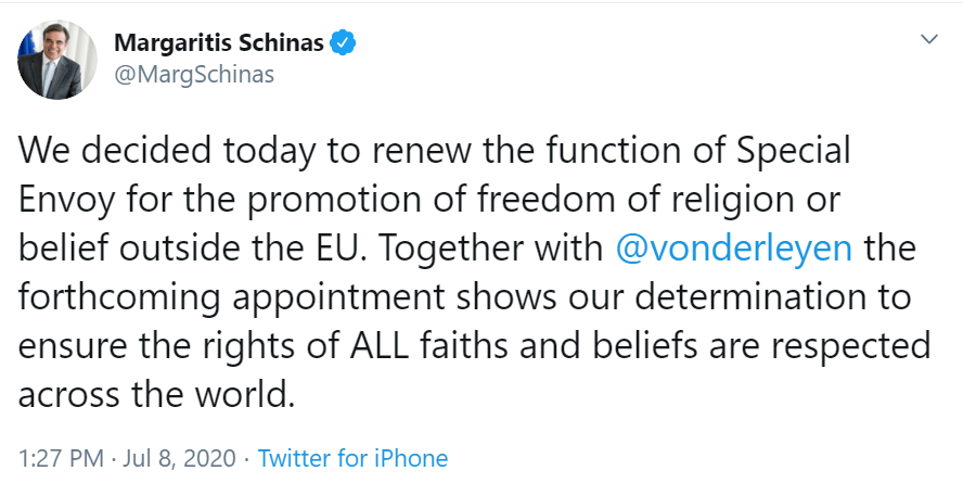 The tweet through which European Commission Vice-President Margaritis Schinas announced the renewal of the position of the EU Special Envoy on Freedom of Religion or Belief. / Twitter <a target="_blank" href="https://twitter.com/MargSchinas">Margaritis Schinas</a>,