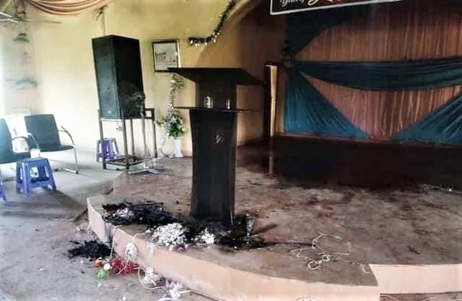 Damage from fire set at Baptist church building in Damba Kasaya village, Kaduna state, Nigeria.. / Morning Star News.,
