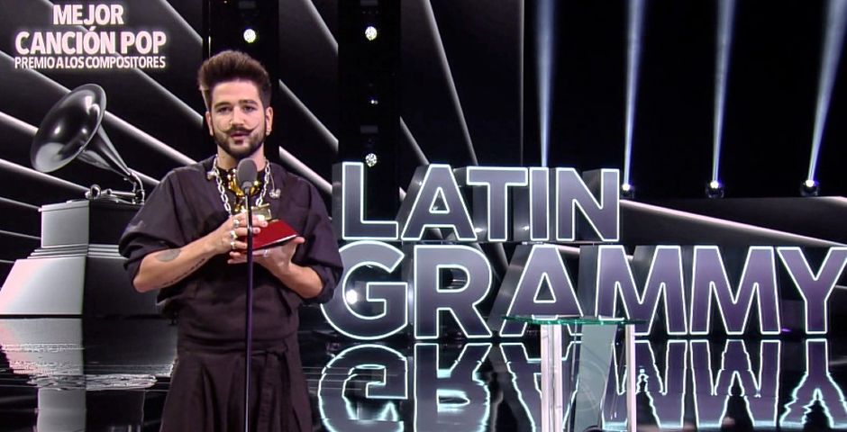 Camilo accepts the 2020 Grammy award for the best pop song.,