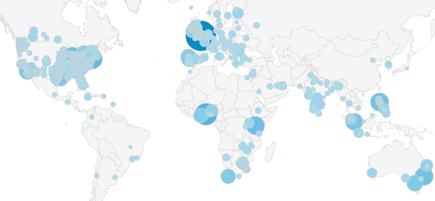 Map shows cities with hundreds of visits to Evangelical Focus between January and December 2021. / Google Analytics
