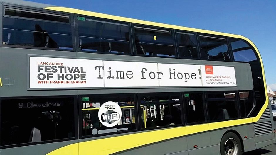 The BGEA put adverts of the festival on local public buses.  / Blackpool,