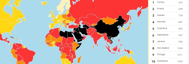 Map of the world and Top 10 of the 2021 World Press Freedom Index. / Graph: RSF