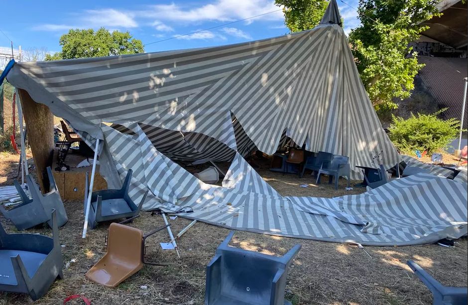 The marquee that the evangelical church in Marseille used for worship services was destroyed and all the Bibles burned./ Vie et Lumière church.,