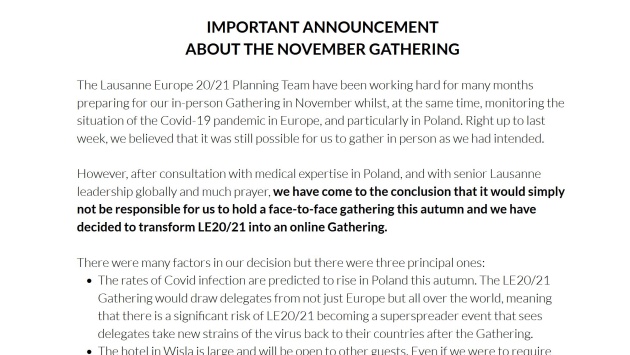 Lausanne Europe Gathering 20/21 will be held online instead of in person