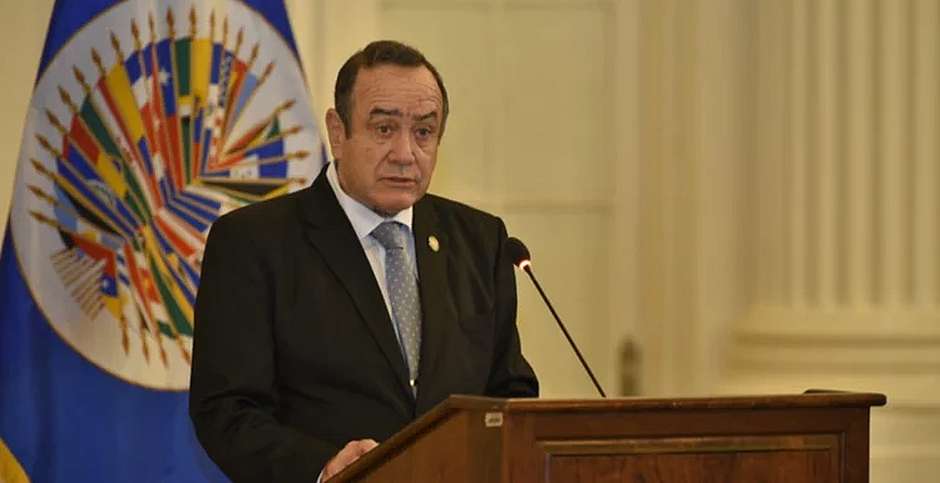 Guatemalan President Alejandro Giammattei during his speech at the OAS. / Image via Evangelico Digital.,